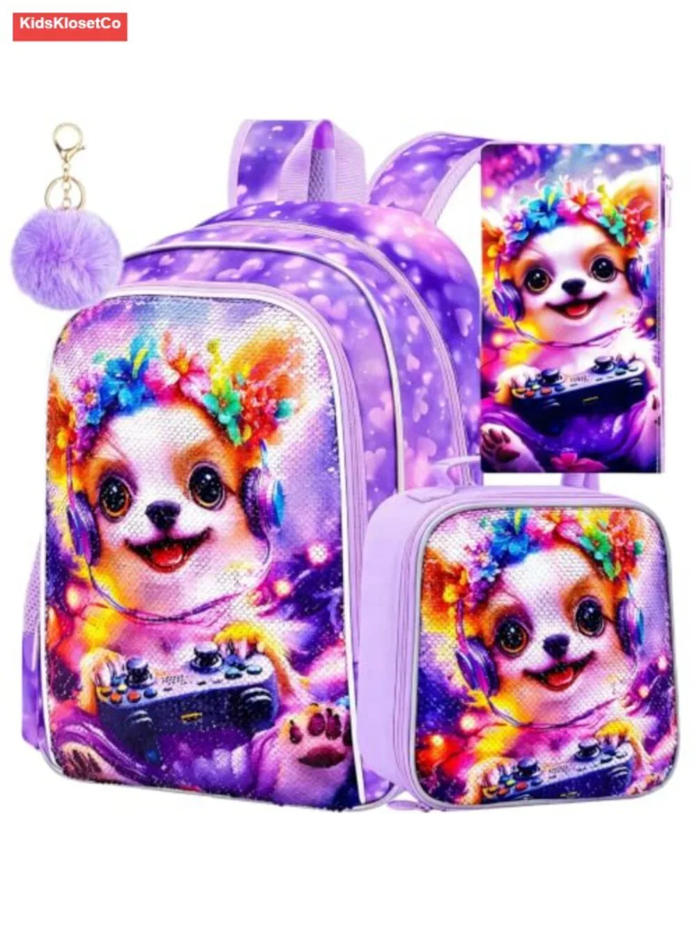 Girls Sequin Dog Backpack Set with Lunch Box